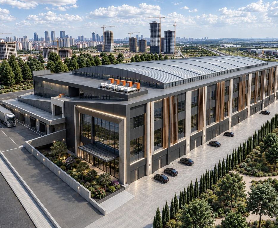 Fabrika ve üretim yapısı — mimari görselleştirme